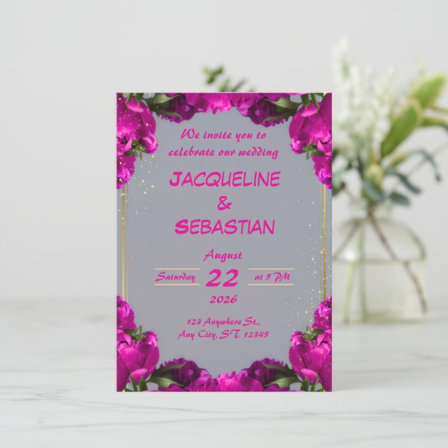 Invitation Mariage Floral Magenta Gras (Debout devant)