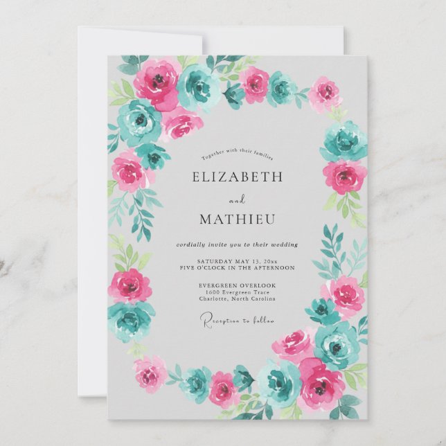 Invitation Mariage Floral Magenta Sarcelle Vivant (Devant)