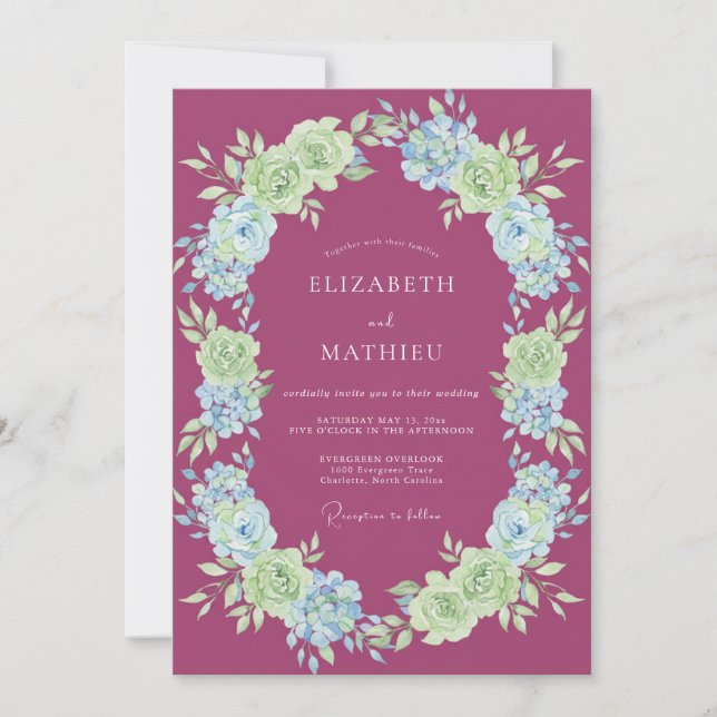 Invitation Mariage Floral Magenta Verdoyant Flourissant (Devant)
