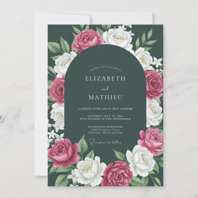 Invitation Mariage Floral Magenta Vert Foncé (Devant)
