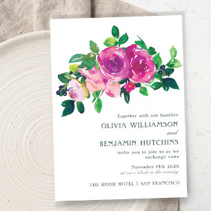 Invitation Mariage Floral Magenta Violet Aquarelle Moderne