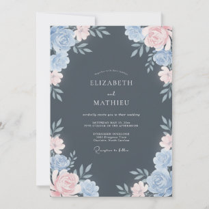 Invitation Mariage Floral Majestueux Bleu Ardoise
