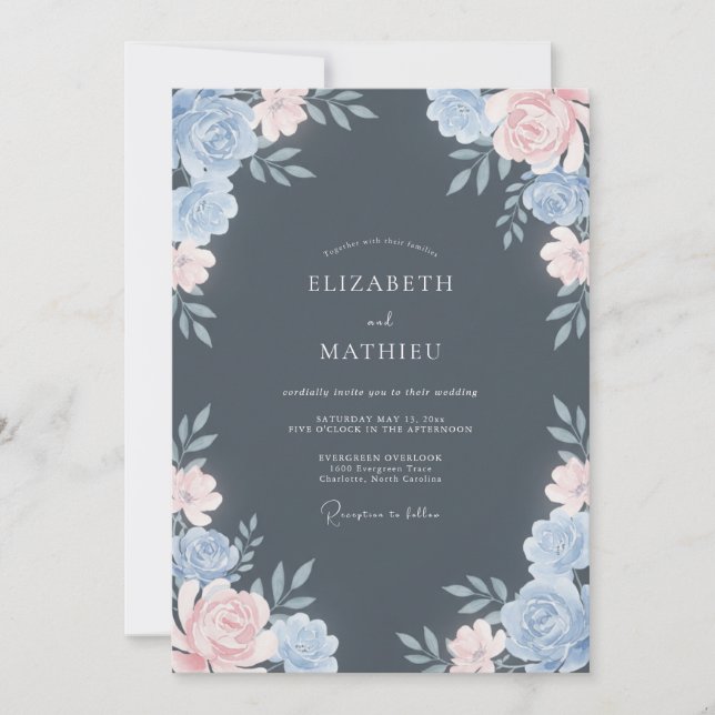 Invitation Mariage Floral Majestueux Bleu Ardoise (Devant)