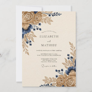 Invitation Mariage Floral Majestueux Bleu Nuit Or