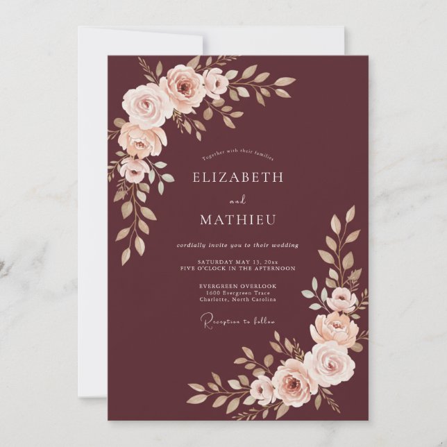 Invitation Mariage Floral Majestueux Bourgogne (Devant)