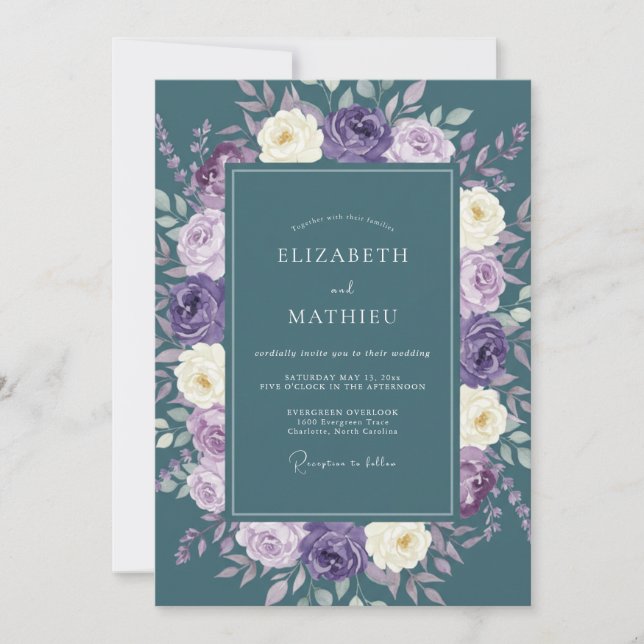 Invitation Mariage Floral Majestueux Sarcelle (Devant)