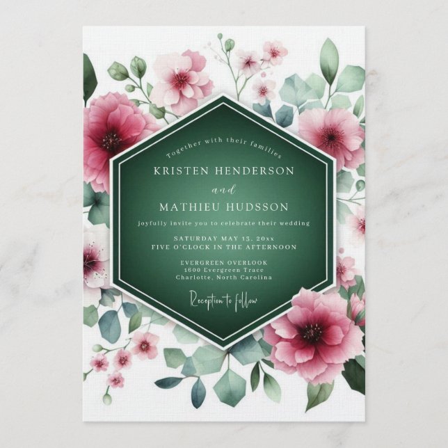 Invitation Mariage Floral Majestueux Vert Forêt (Devant)