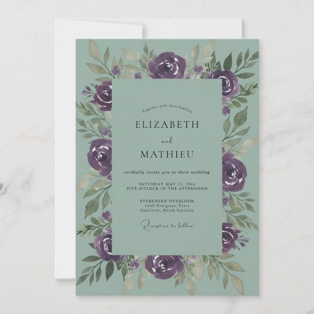 Invitation Mariage Floral Majestueux Vert Sauge (Devant)