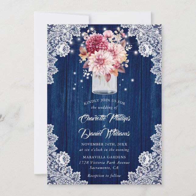 Invitation Mariage floral marine bleu et blanc bois mason jar (Devant)