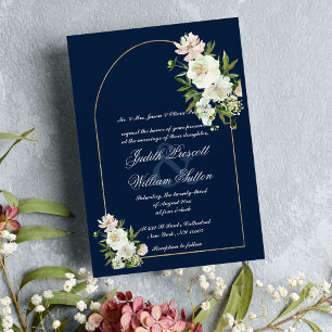 Invitation Mariage floral marine bleu menthe blanche pivoine
