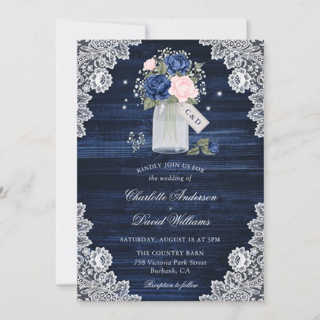 Invitation Mariage Floral Marine Blue Blush Wood Lace Mason J (Devant)