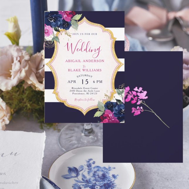 Invitation Mariage floral marine et fuchsia (Créateur téléchargé)