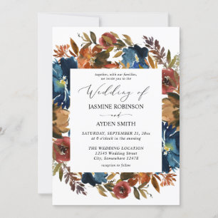 Invitation Mariage floral marine, orange et automne Brown