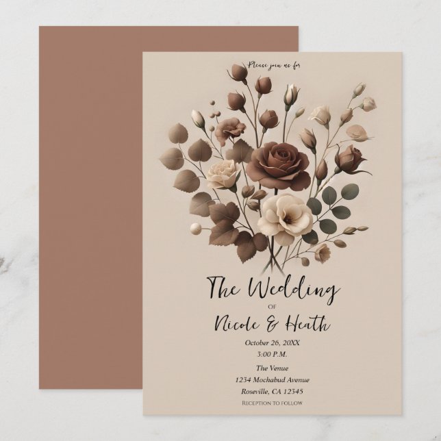 Invitation Mariage Floral Marron Beige Mousse Mocha (Devant / Derrière)