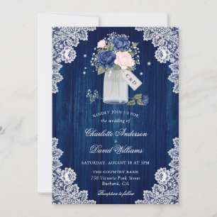 Invitation Mariage floral Mason Jar en dentelle bleu marine e