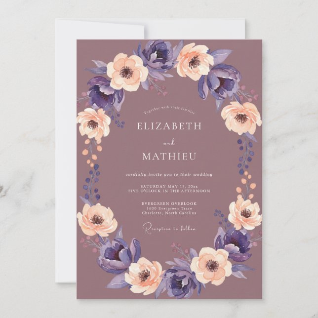 Invitation Mariage Floral Mauve Abricot Pourpre (Devant)