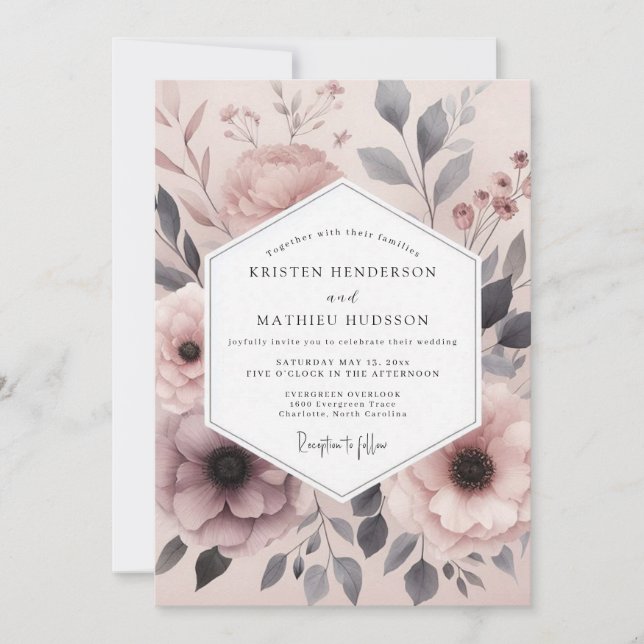 Invitation Mariage Floral Mauve Brouillard (Devant)