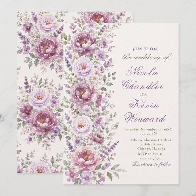 Invitation Mariage floral mauve et lavande (Devant / Derrière)