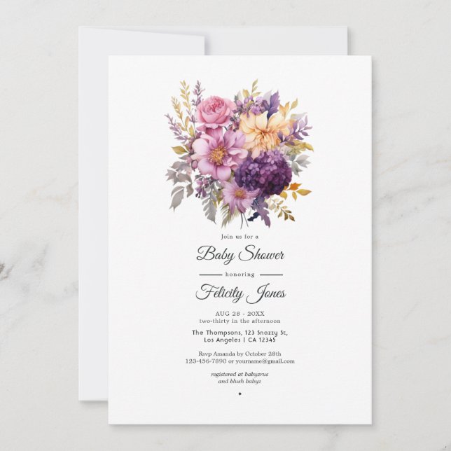 Invitation Mariage floral mauve et or (Devant)