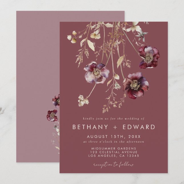 Invitation Mariage floral Mauve Fall (Devant / Derrière)