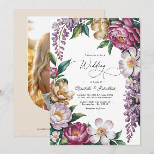 Invitation Mariage floral mauve, or champagne et blanc