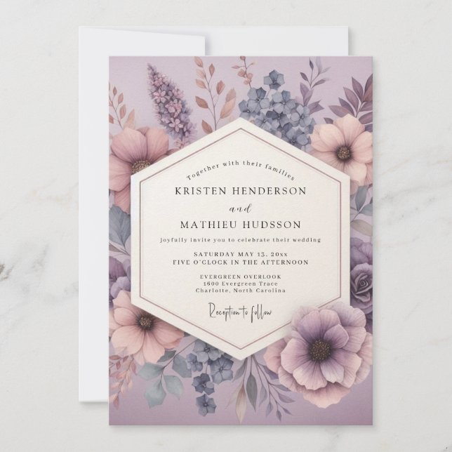 Invitation Mariage Floral Mauve Rêveur (Devant)