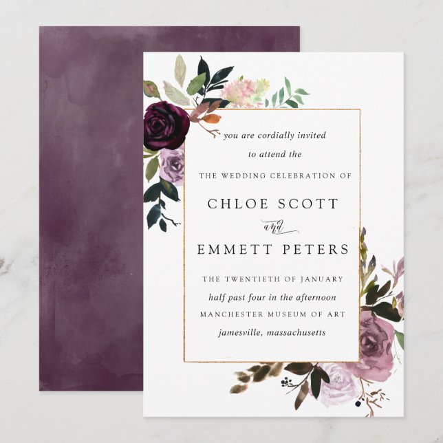 Invitation Mariage Floral Mauve Rose Pourpre Prune (Devant / Derrière)