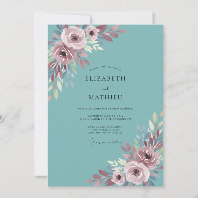 Invitation Mariage Floral Mauve Sarcelle (Devant)