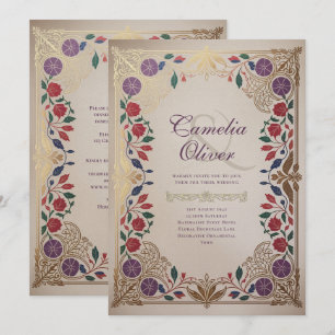 Invitation Mariage Floral Médiéval Rouge Pourpre Or