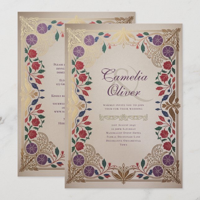 Invitation Mariage Floral Médiéval Rouge Pourpre Or (Devant / Derrière)