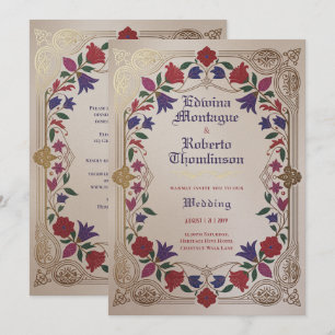 Invitation Mariage Floral Médiéval Rouge Pourpre Or