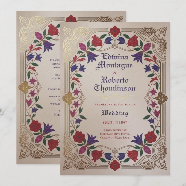 Invitation Mariage Floral Médiéval Rouge Pourpre Or (Devant / Derrière)