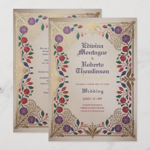 Invitation Mariage Floral Médiéval Rouge Violet Or