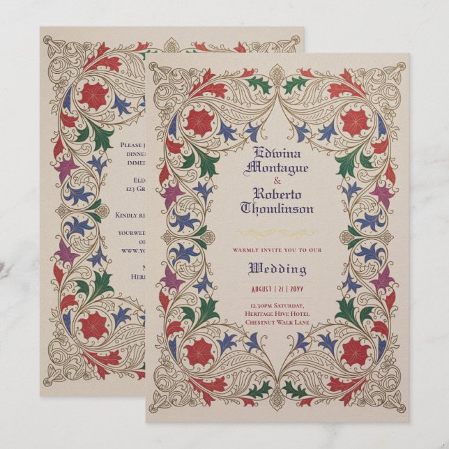 Invitation Mariage Floral Médiéval Rouge Violet Or (Devant / Derrière)