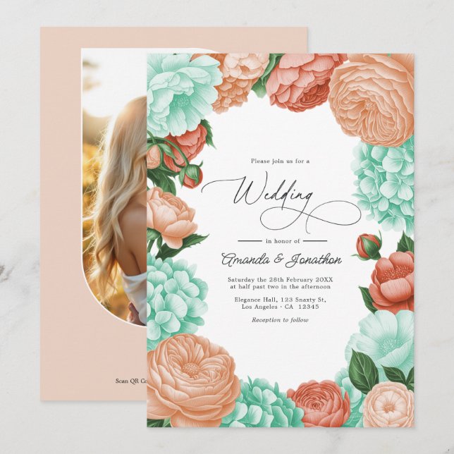 Invitation Mariage Floral Menthe Douce, Abricot et Corail Cha (Devant / Derrière)