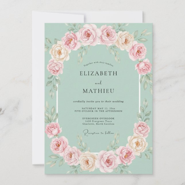 Invitation Mariage Floral Menthe et Pêche (Devant)