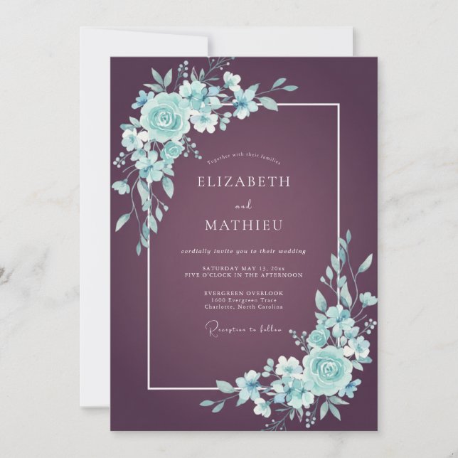 Invitation Mariage Floral Menthe Prune (Devant)