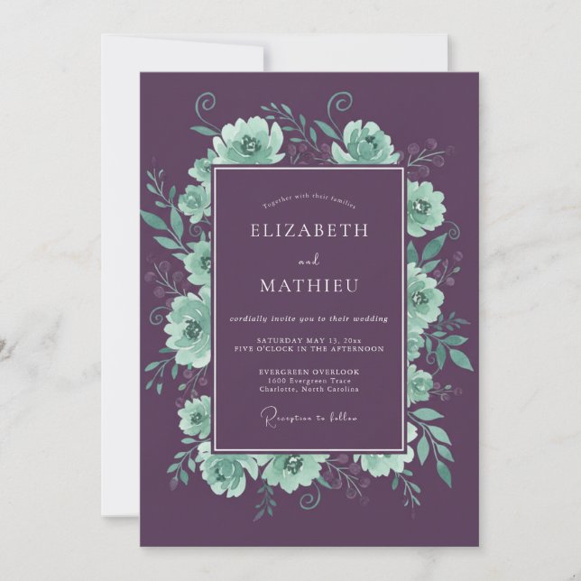 Invitation Mariage Floral Menthe Violette (Devant)