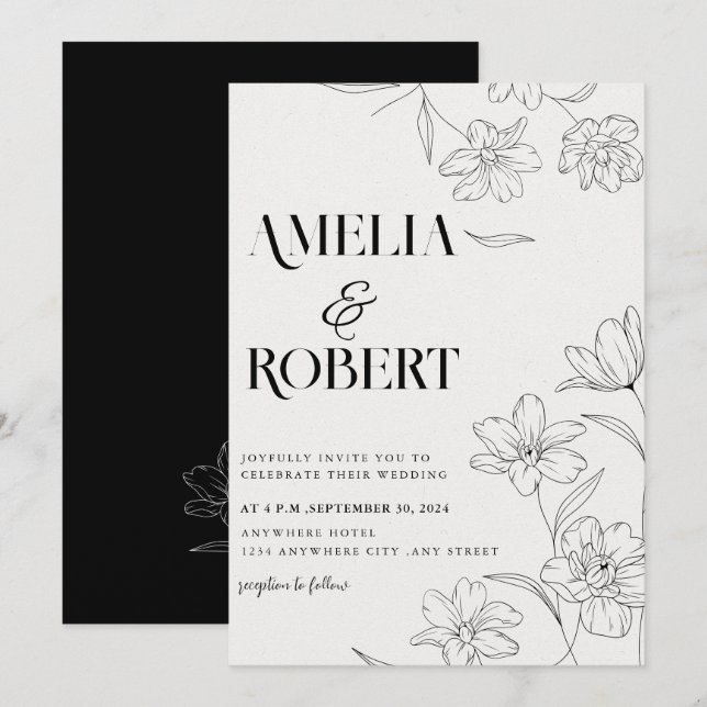 Invitation Mariage floral minimaliste noir et blanc (Devant / Derrière)