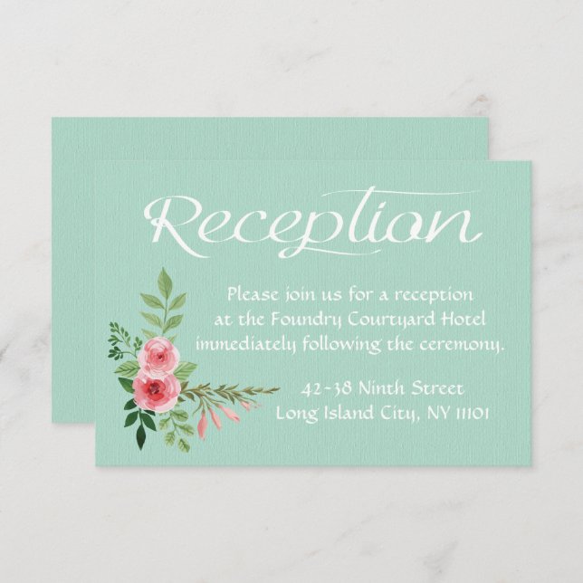 Invitation Mariage Floral Mint Green Réception Fleurs roses (Devant / Derrière)