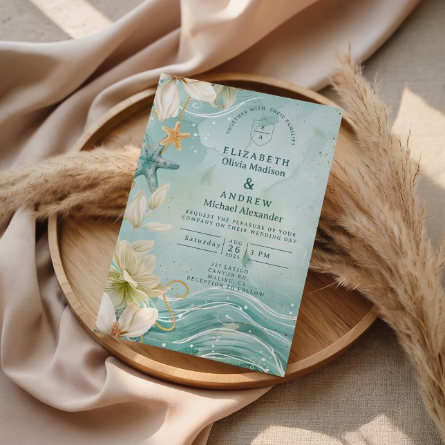 Invitation Mariage Floral Moderne à Vagues Côtières (Créateur téléchargé)