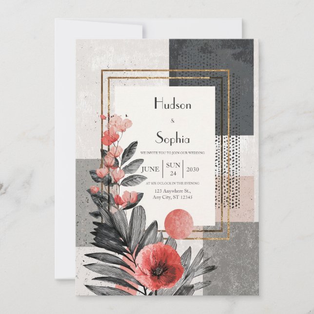 Invitation Mariage Floral Moderne Abstrait Noir Blanc Rouge (Devant)