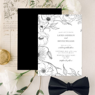 Invitation Mariage floral moderne Black White Line Art