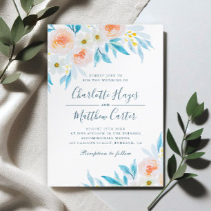 Invitation Mariage floral moderne blanc et bleu