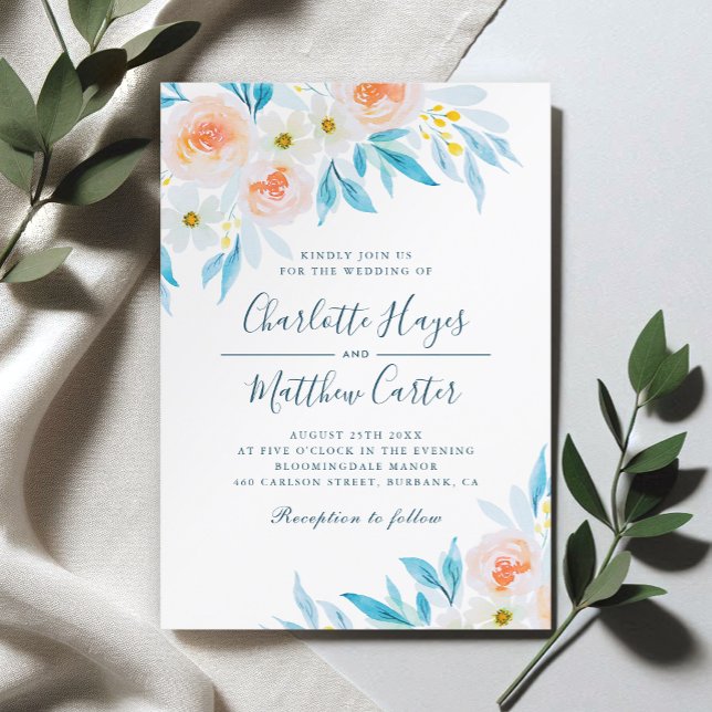 Invitation Mariage floral moderne blanc et bleu (Créateur téléchargé)