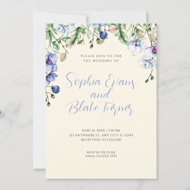 Invitation Mariage Floral Moderne Bleu, Blanc et Vert Jaune (Devant)