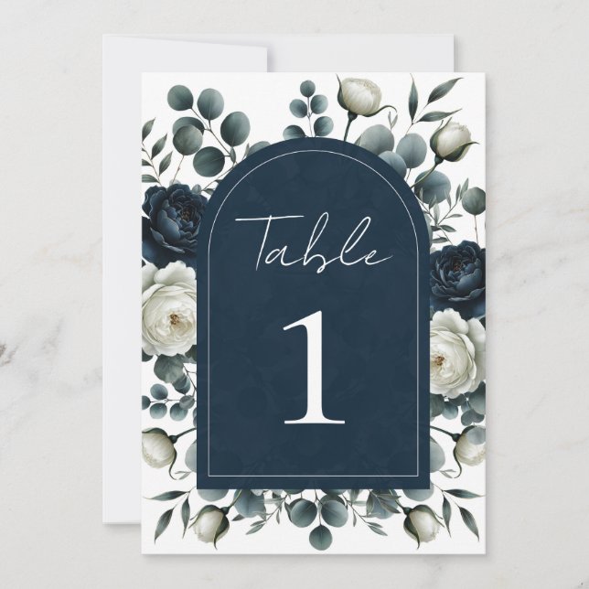 Invitation Mariage floral moderne bleu foncé et blanc (Devant)