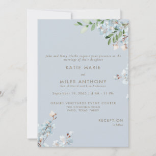 Invitation Mariage Floral Moderne Bleu Poussiéreux avec Feuil
