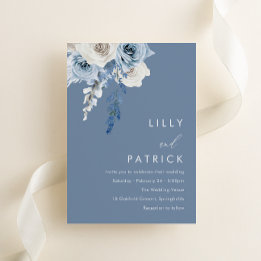 Invitation Mariage Floral Moderne Bleu Poussiéreux et Blanc
