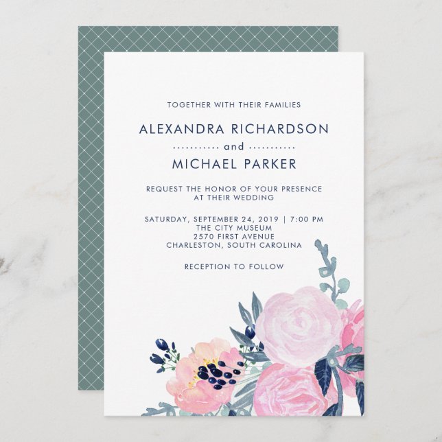 Invitation Mariage floral moderne Blush et Navy | vertical (Devant / Derrière)
